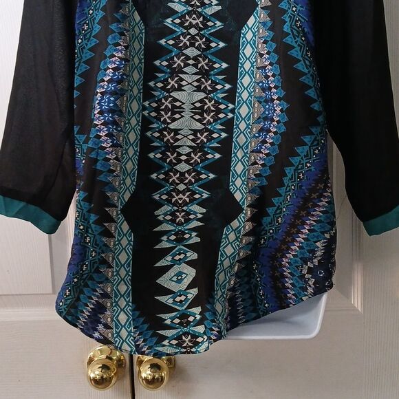 eci new york  black blue teal print sheer tunic Sz M EUC - Picture 5 of 7